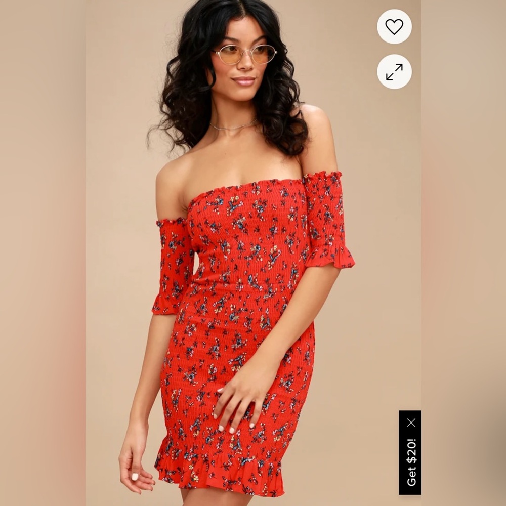 Serving Looks Red Floral Print, Off-the-Shoulder Bodycon Dress